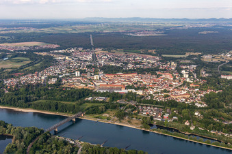 Aerial view of City view on the river bank of the Rhine river in Germersheim in the state Rhineland-Palatinate, Germany