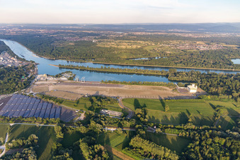 Aerial view of Wharves and piers with ship loading terminals in the new inner harbor at the Rhine river in Lauterbourg in Grand Est, France