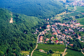 Aerial view of Wine-growing town on the edge of the Haardt from the south in Frankweiler in the state Rhineland-Palatinate, Germany