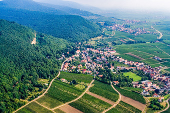 Aerial photograpy of Wine-growing town on the edge of the Haardt from the south in Frankweiler in the state Rhineland-Palatinate, Germany
