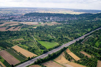 Aerial view of Motorway exit A81 in the district Gültstein in Herrenberg in the state Baden-Wuerttemberg, Germany