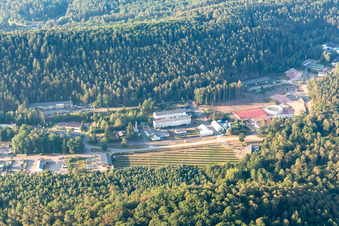 Aerial view of Industrial park Petersbächel in the district Petersbächel in Fischbach bei Dahn in the state Rhineland-Palatinate, Germany