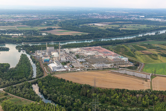 Remains of the decommissioned reactor blocks and facilities of the nuclear power plant - KKW Kernkraftwerk EnBW Kernkraft GmbH, Philippsburg nuclear power plant and rubble of the two cooling towers in Philippsburg in the state Baden-Wuerttemberg, Germany from above