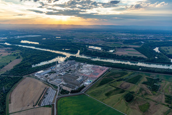 Aerial view of Dismantling of the nuclear power plant, space for direct current in Philippsburg in the state Baden-Wuerttemberg, Germany