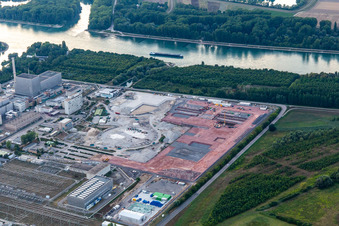 Oblique view of Dismantling of the nuclear power plant, space for direct current in Philippsburg in the state Baden-Wuerttemberg, Germany
