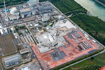 Aerial view of Remains of the decommissioned reactor blocks and facilities of the nuclear power plant - KKW Kernkraftwerk EnBW Kernkraft GmbH, Philippsburg nuclear power plant and rubble of the two cooling towers in Philippsburg in the state Baden-Wuerttemberg, Germany