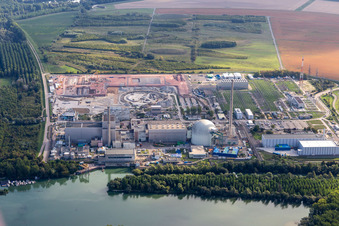 Aerial view of ENBW nuclear power plant under dismantling with construction site of the DC converter in Philippsburg in the state Baden-Wuerttemberg, Germany
