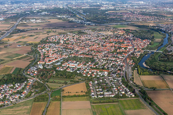 Aerial view of Village on the banks of the area Neckar - river course in Mannheim in the state Baden-Wuerttemberg, Germany