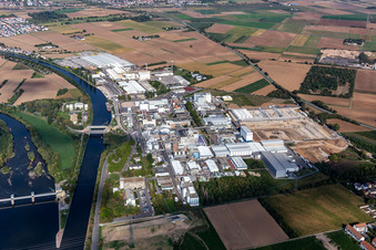 Industrial area with Saint-Gobain Isover G+H, ICL Germany BK Giulini in Ladenburg in the state Baden-Wuerttemberg, Germany