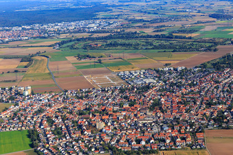 Aerial view of New development area "Mitten im Feld" and Odenwaldstr in Heddesheim in the state Baden-Wuerttemberg, Germany