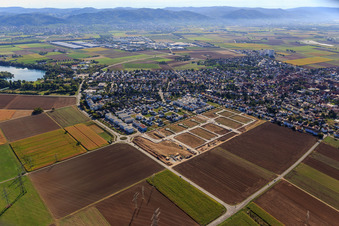 Drone recording of New development area "Mitten im Feld" and Odenwaldstr in Heddesheim in the state Baden-Wuerttemberg, Germany
