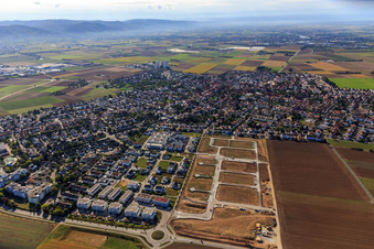 Drone image of New development area "Mitten im Feld" and Odenwaldstr in Heddesheim in the state Baden-Wuerttemberg, Germany
