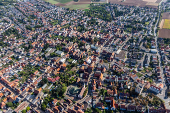 City view on down town with St. Remigius - Neue Kirche in Heddesheim in the state Baden-Wuerttemberg, Germany