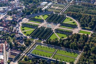 Aerial view of Rokoko Park of Gardens and Castle of Schwetzingen in Schwetzingen in the state Baden-Wurttemberg, Germany