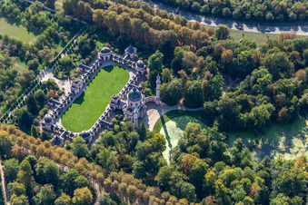 Aerial photograpy of Building of the mosque in the castle park of Schwetzingen in the state Baden-Wurttemberg, Germany