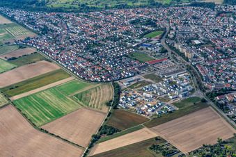 Aerial photograpy of Quartier 2020 development area Biegen-Durlacher Weg in the district Hochstetten in Linkenheim-Hochstetten in the state Baden-Wuerttemberg, Germany