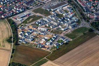 Aerial view of Construction site to build a new multi-family residential complex Quartier 2020 development area Biegen-Durlacher Weg in Hochstetten in the state Baden-Wuerttemberg, Germany