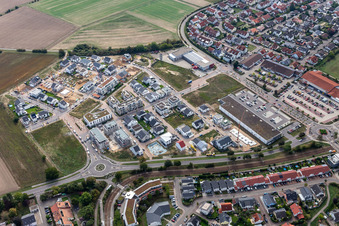 Quartier 2020 development area Biegen-Durlacher Weg in the district Hochstetten in Linkenheim-Hochstetten in the state Baden-Wuerttemberg, Germany from above