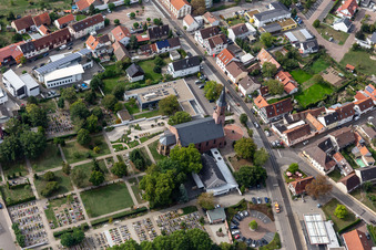 Grave rows on the grounds of the cemetery of Ev. Kirche Linkenheim in Linkenheim in the state Baden-Wuerttemberg, Germany