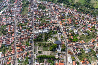 Aerial view of Grave rows on the grounds of the cemetery of Ev. Kirche Linkenheim in Linkenheim in the state Baden-Wuerttemberg, Germany