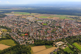 City view from the southwest in the district Linkenheim in Linkenheim-Hochstetten in the state Baden-Wuerttemberg, Germany
