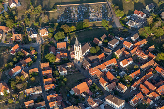 Church building in the village center in Gœrsdorf in the state Bas-Rhin, France