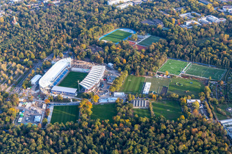 Aerial photograpy of Construction site for the new Wildparkstadion of the KSC in the district Innenstadt-Ost in Karlsruhe in the state Baden-Wuerttemberg, Germany