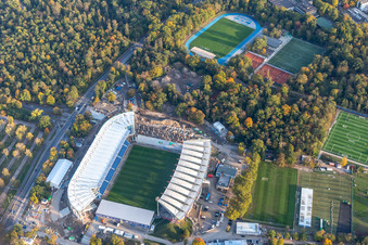 Oblique view of Construction site for the new Wildparkstadion of the KSC in the district Innenstadt-Ost in Karlsruhe in the state Baden-Wuerttemberg, Germany