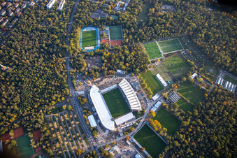 Bird's eye view of Extension and conversion site on the sports ground of the stadium " Wildparkstadion " in Karlsruhe in the state Baden-Wurttemberg, Germany