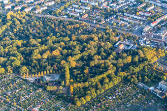 Aerial view of Main Cemetery in the district Oststadt in Karlsruhe in the state Baden-Wuerttemberg, Germany