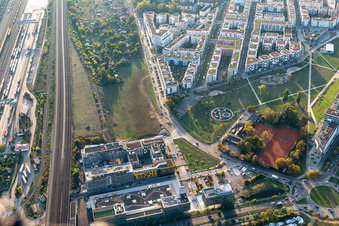 Aerial view of Modern residential development at the Citypark (Stadtpark Südost) on Ludwig Erhard Allee in the district Südstadt in Karlsruhe in the state Baden-Wuerttemberg, Germany