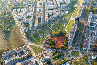 Development area of the decommissioned and unused land and real estate with modern settlement Citypark (Stadtpark south east ) on Ludwig Erhard Allee in Karlsruhe in the state Baden-Wuerttemberg, Germany