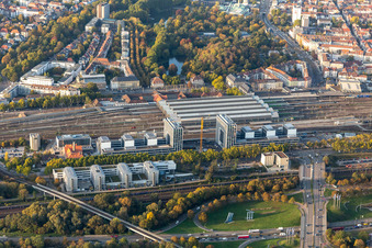 Aerial view of Construction site to build a new office and commercial building on Schwarzwaldstrasse in Karlsruhe in the state Baden-Wurttemberg, Germany