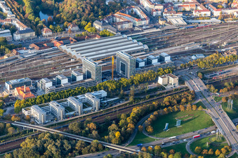 Oblique view of Construction site to build a new office and commercial building on Schwarzwaldstrasse in Karlsruhe in the state Baden-Wurttemberg, Germany