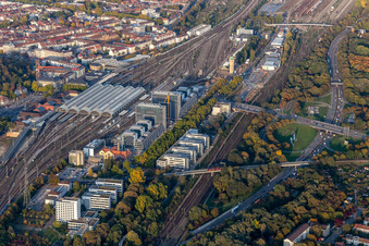 Construction site to build a new office and commercial building on Schwarzwaldstrasse in Karlsruhe in the state Baden-Wurttemberg, Germany from above