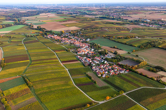 Aerial photograpy of Village - view on the edge of agricultural fields and farmland in Niederhorbach in the state Rhineland-Palatinate, Germany