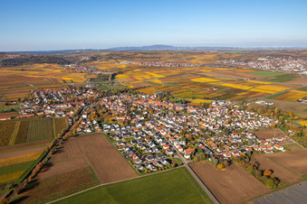 Aerial view of Autumnal colored village view in the district Jerusalemsberg in Kirchheim an der Weinstraße in the state Rhineland-Palatinate, Germany
