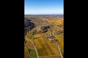 Oblique view of Autumnal discolored vegetation view town center on the edge of vineyards and wineries in the wine-growing area in Neuleiningen in the state Rhineland-Palatinate, Germany