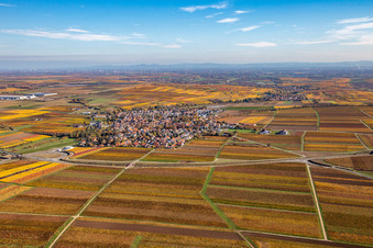Autumnal colored village view in the district Jerusalemsberg in Kirchheim an der Weinstraße in the state Rhineland-Palatinate, Germany seen from above