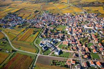 Aerial view of Autumnal discolored vegetation view village - view on the edge of wine yards in Kallstadt in the state Rhineland-Palatinate, Germany