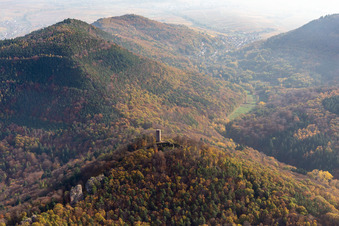 Aerial view of Scharfenberg Castle Ruins in Leinsweiler in the state Rhineland-Palatinate, Germany