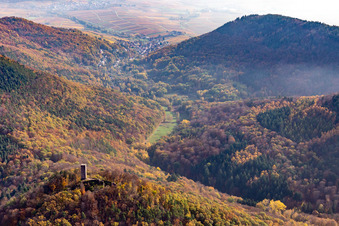 Aerial photograpy of Scharfenberg Castle Ruins in Leinsweiler in the state Rhineland-Palatinate, Germany