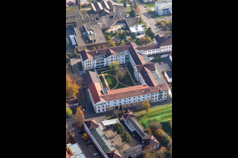 Aerial view of Hospital grounds of the Clinic Klinik fuer Kinder-/Jugendpsychiatrie and -psychotherapie in the district Pfalzklinik Landeck in Klingenmuenster in the state Rhineland-Palatinate, Germany