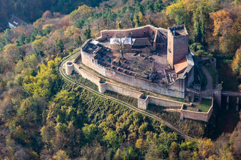Aerial view of Autumnal discolored vegetation view ruins and vestiges of the former fortress Burg Landeck in Klingenmuenster in the state Rhineland-Palatinate, Germany