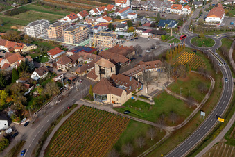 Aerial photograpy of German Wine Gate in the district Schweigen in Schweigen-Rechtenbach in the state Rhineland-Palatinate, Germany