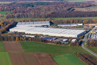 Aerial view of Horst industrial park with Magna Exteriors, Zufall Logistics, STS Group and Thermo Fisher in the district Minderslachen in Kandel in the state Rhineland-Palatinate, Germany
