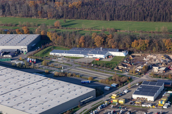 Oblique view of Horst industrial park with Magna Exteriors, Zufall Logistics, STS Group and Thermo Fisher in the district Minderslachen in Kandel in the state Rhineland-Palatinate, Germany