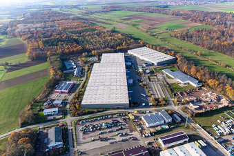 Horst industrial park with Magna Exteriors, Zufall Logistics, STS Group and Thermo Fisher in the district Minderslachen in Kandel in the state Rhineland-Palatinate, Germany from above