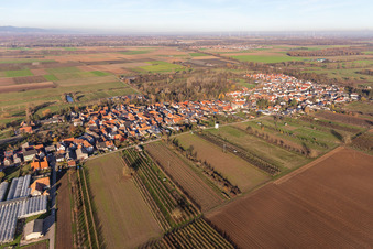 Aerial view of Village view on the edge of agricultural fields and land in Winden in the state Rhineland-Palatinate, Germany