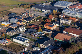Oblique view of Im Gereut commercial area in Hatzenbühl in the state Rhineland-Palatinate, Germany